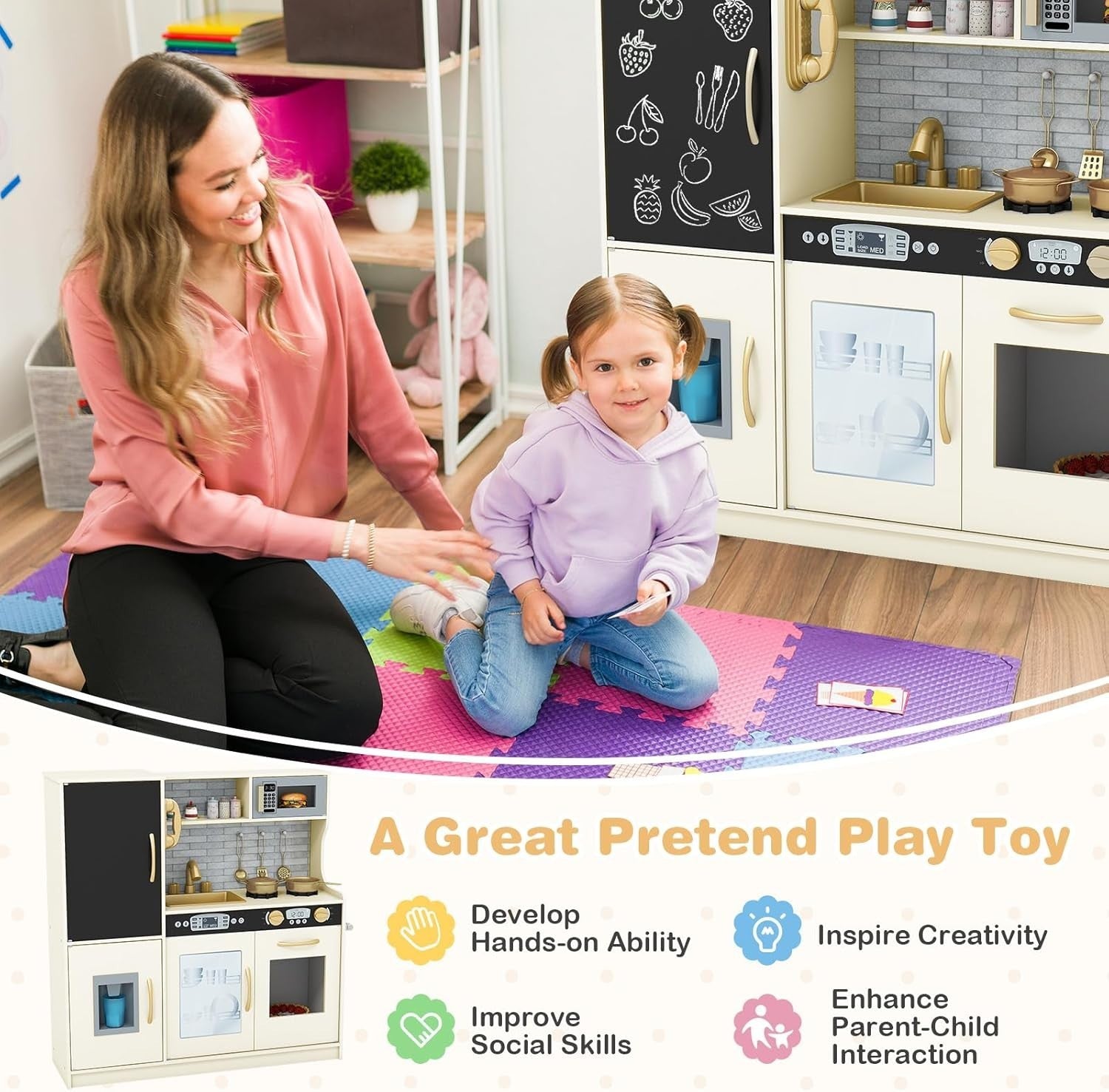 Wooden Kids Play Kitchen Beige w/ Chalkboard Ice Maker Microwave