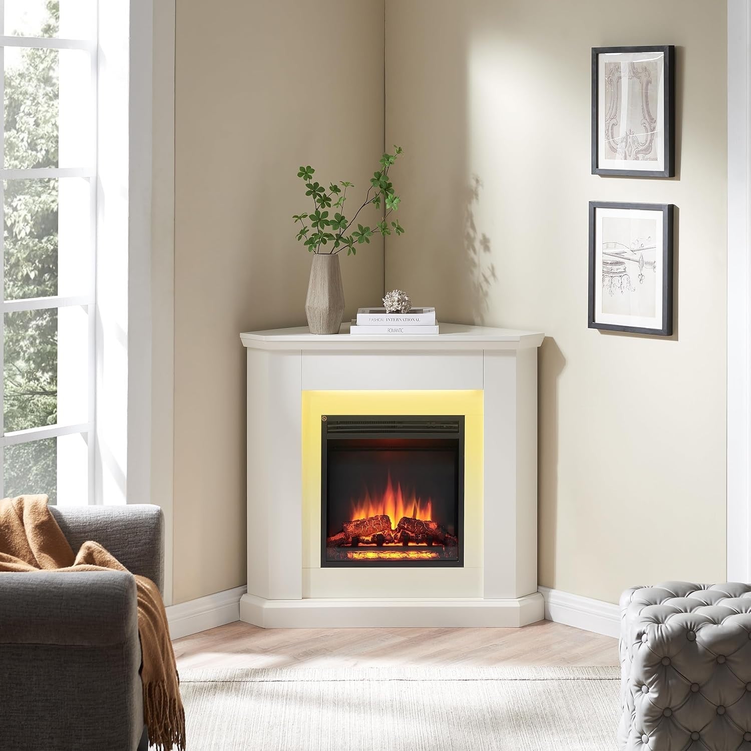 🔥 38” Corner Electric Fireplace Suite White LED Mood Light 2kW Heater