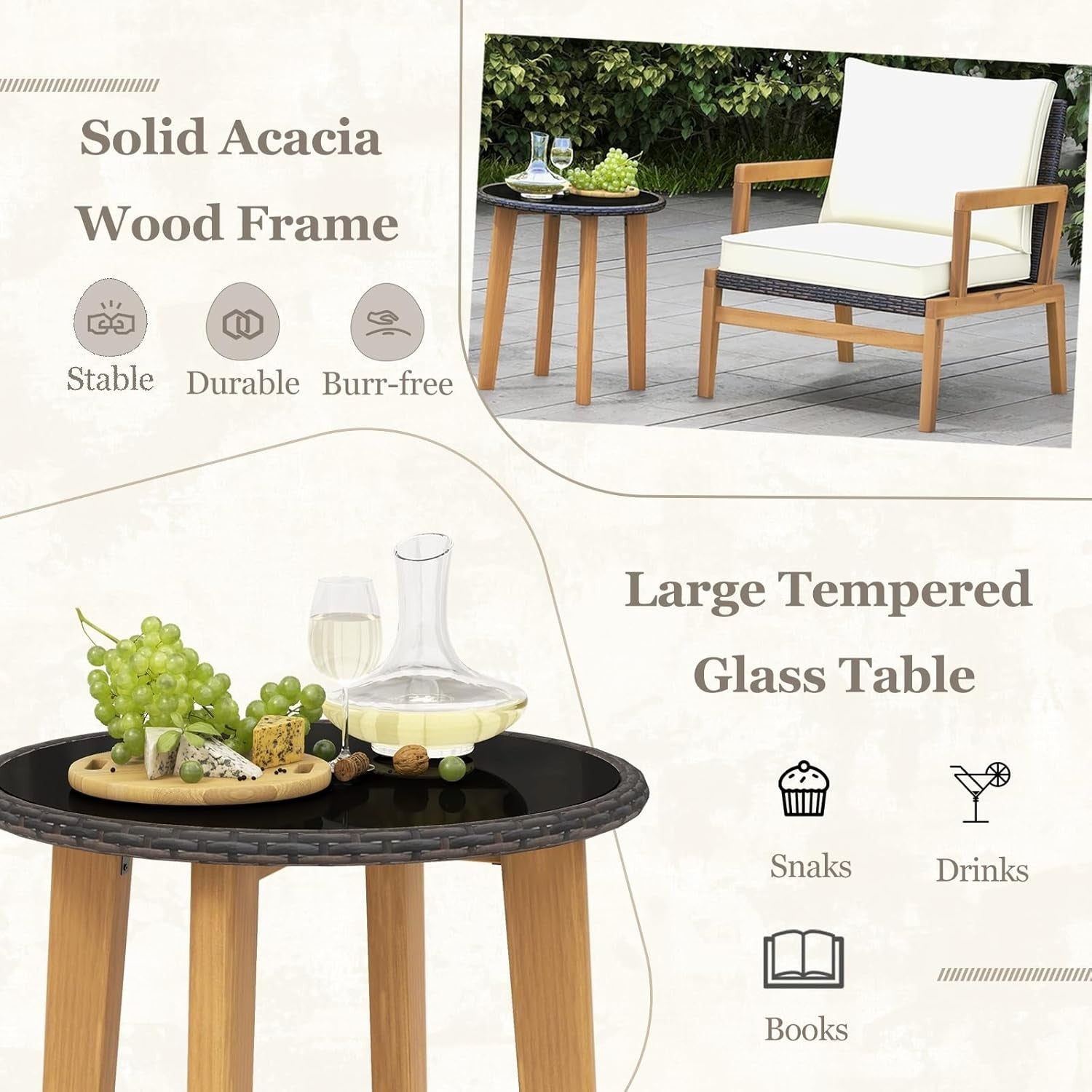 Luxury Acacia Garden Armchair Set with Cushions & Glass Table Patio Balcony