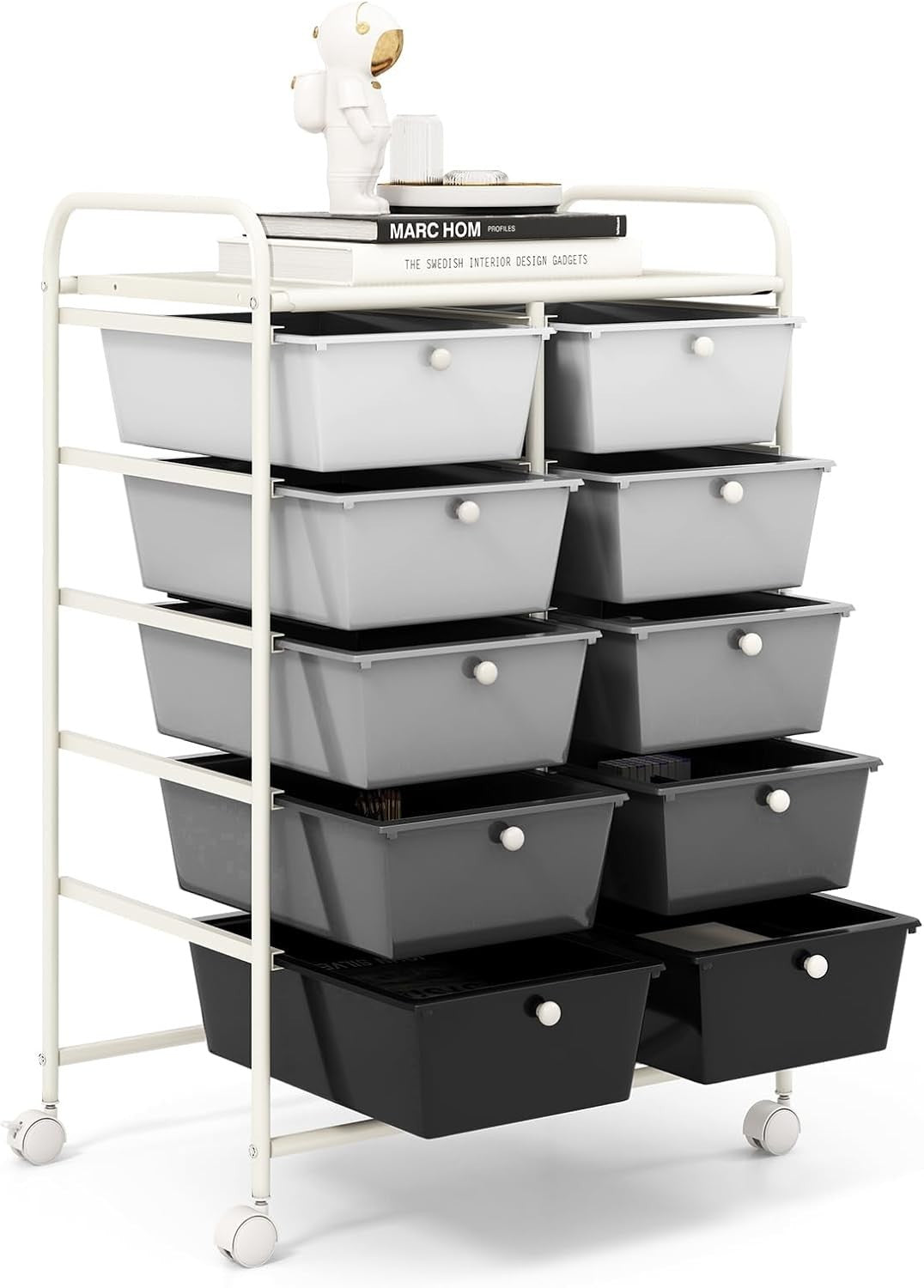Gradient Black White 10 Drawer Rolling Storage Cart Utility Organizer