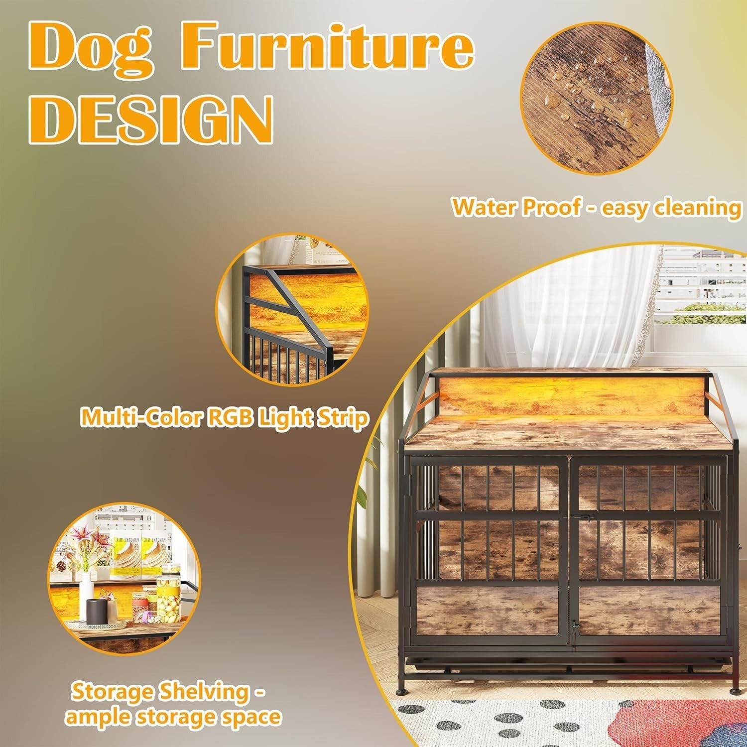 Heavy Duty Dog Crate Furniture with LED Light & Removable Tray, Medium