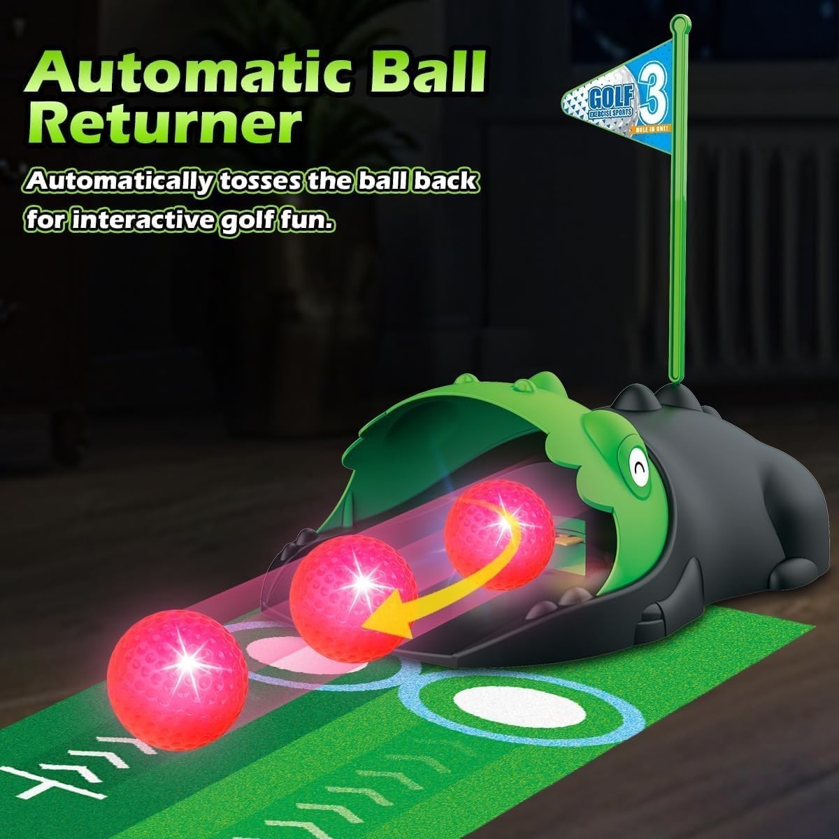 Kids Golf Set Dinosaur Auto Ball Return LED Golf Balls Putting Mat 26”