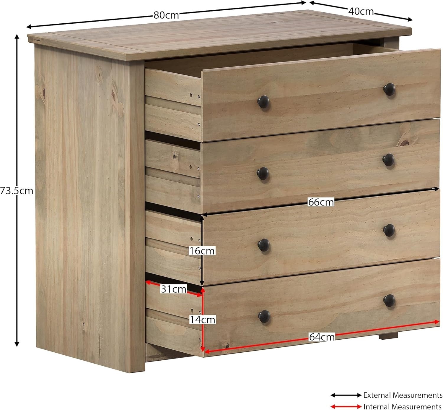 Solid Pine 4 Drawer Chest Wood Wax Finish Storage Unit Bedroom Modern