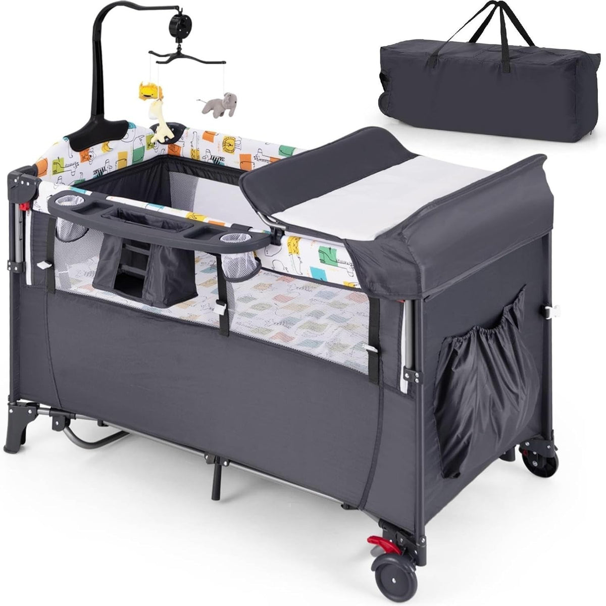 5in1 Baby Travel Cot Foldable Crib with Mattress Basket Changer & Storage Grey
