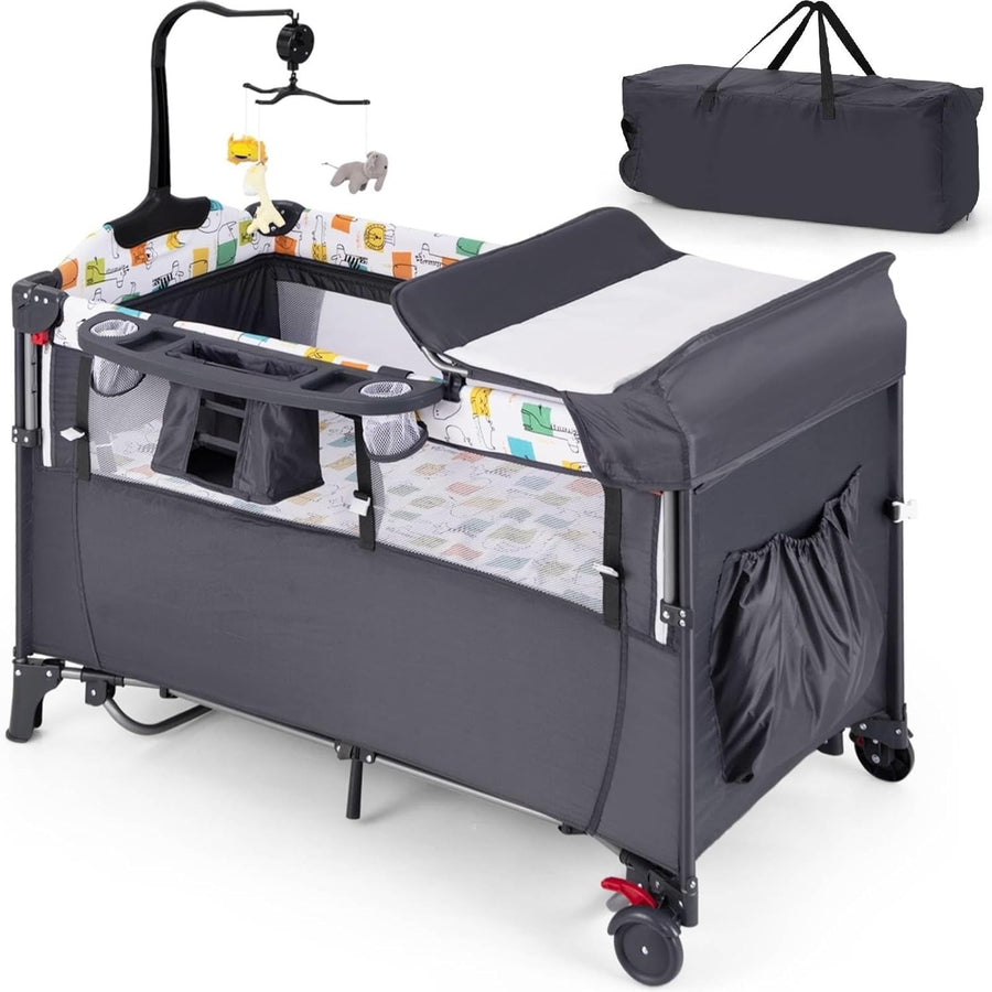 5in1 Baby Travel Cot Foldable Crib with Mattress Basket Changer & Storage Grey