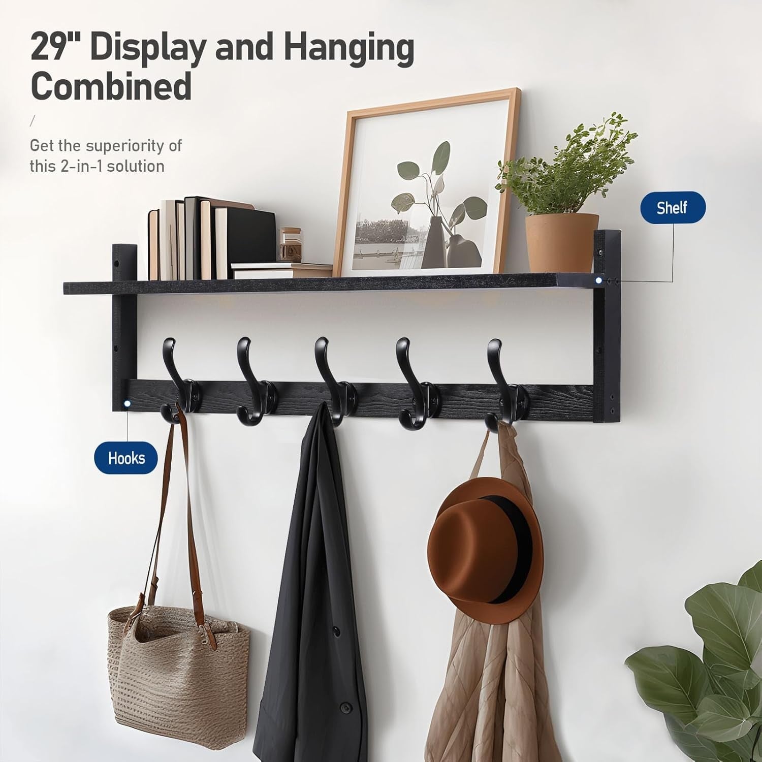 29” Black Wall Mounted Coat Rack with Shelf | 5 Hooks Rustic Entryway