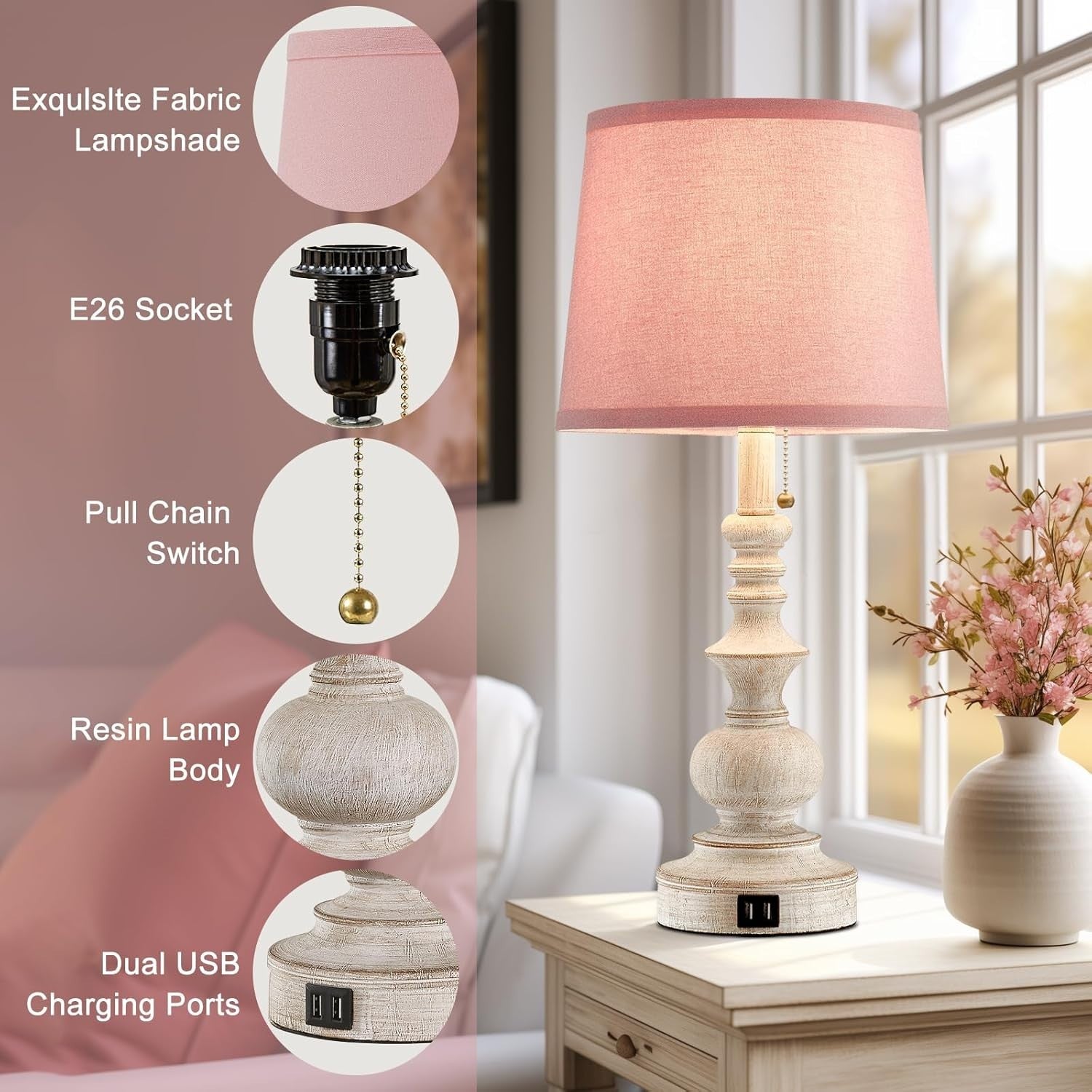 Pink Farmhouse Table Lamps Set of 2 with USB, 22" Tall, Perfect for Girls