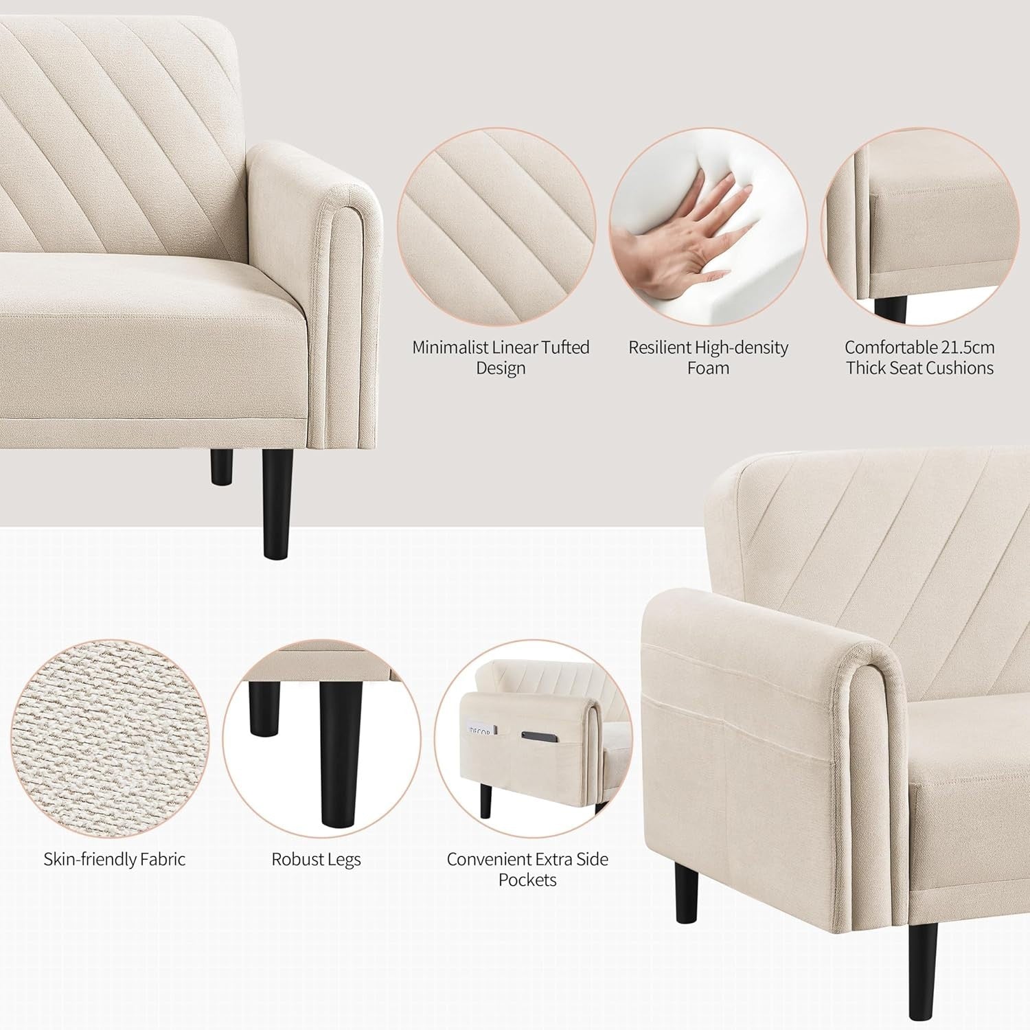 3-Seater Sofa Bed Modern Futon w/ Pockets Recliner for Lounge or Flat