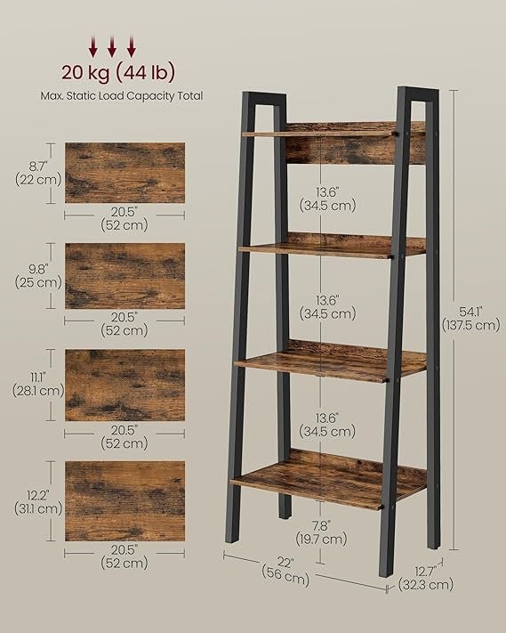4-Tier Rustic Ladder Shelf Narrow Storage Unit Industrial Display Bookshelf