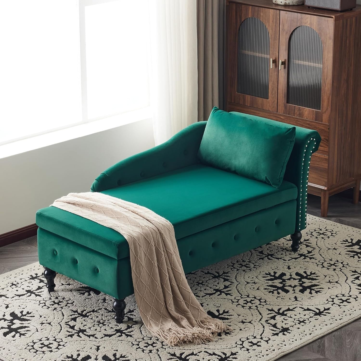 Velvet Chaise Lounge Sofa w/Storage & Pillow Right Armrest Green Tufted
