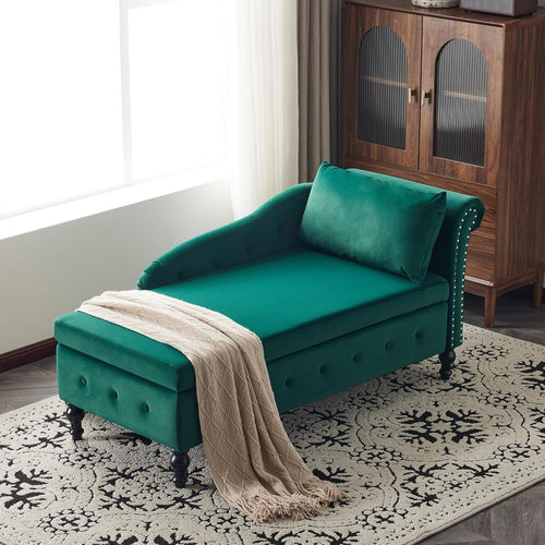 Velvet Chaise Lounge Sofa w/Storage & Pillow Right Armrest Green Tufted