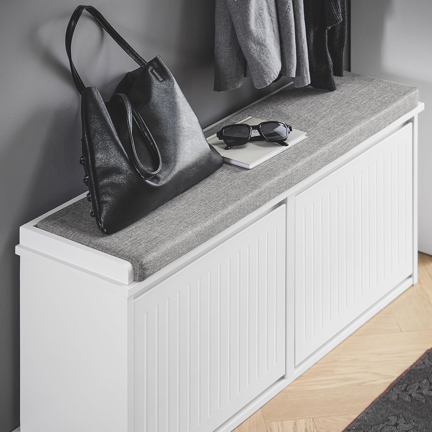 White Shoe Storage Bench with Cushion – 2 Flip Drawers, Space Saver Seat
