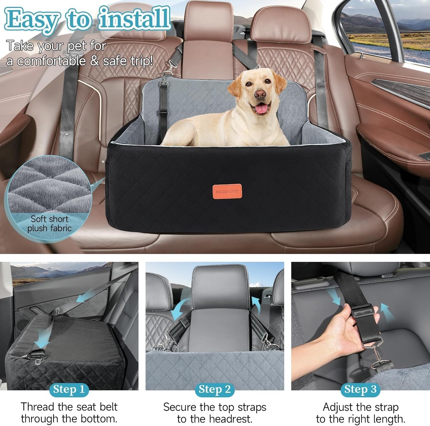 Large Dog Booster Car Seat Washable Travel Bed 55lb Black Grey