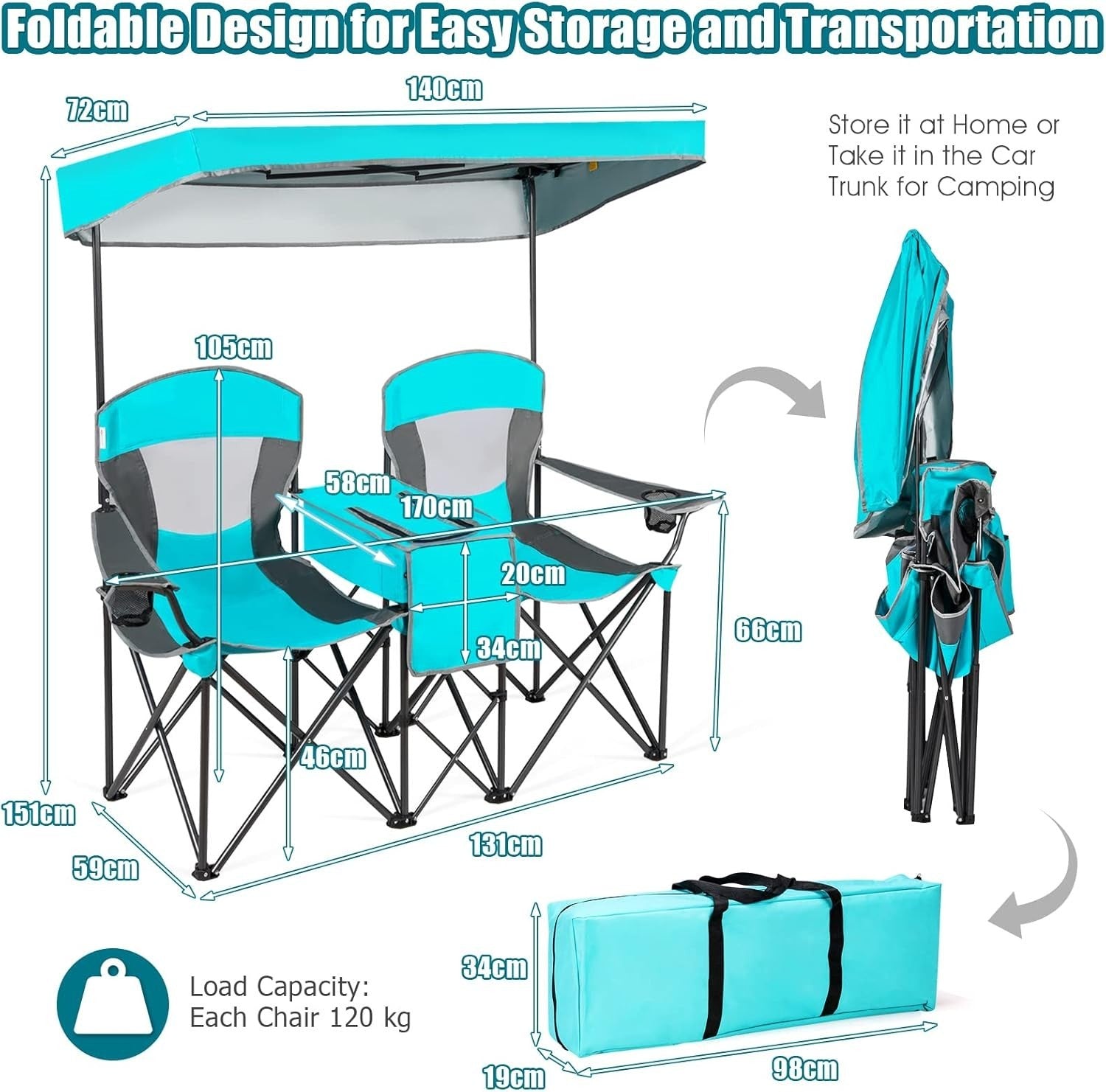 2 Seat Folding Camping Chair w/ Canopy & Cooler – Beach Picnic Outdoor