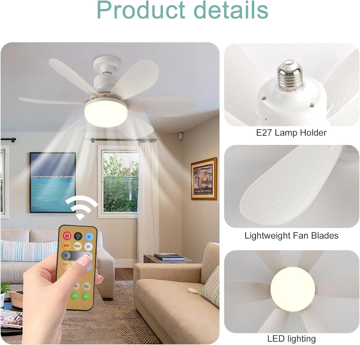 52CM Screw-In Ceiling Fan Light, 3-Speed, Remote, 3-Color LED, 7-Blade