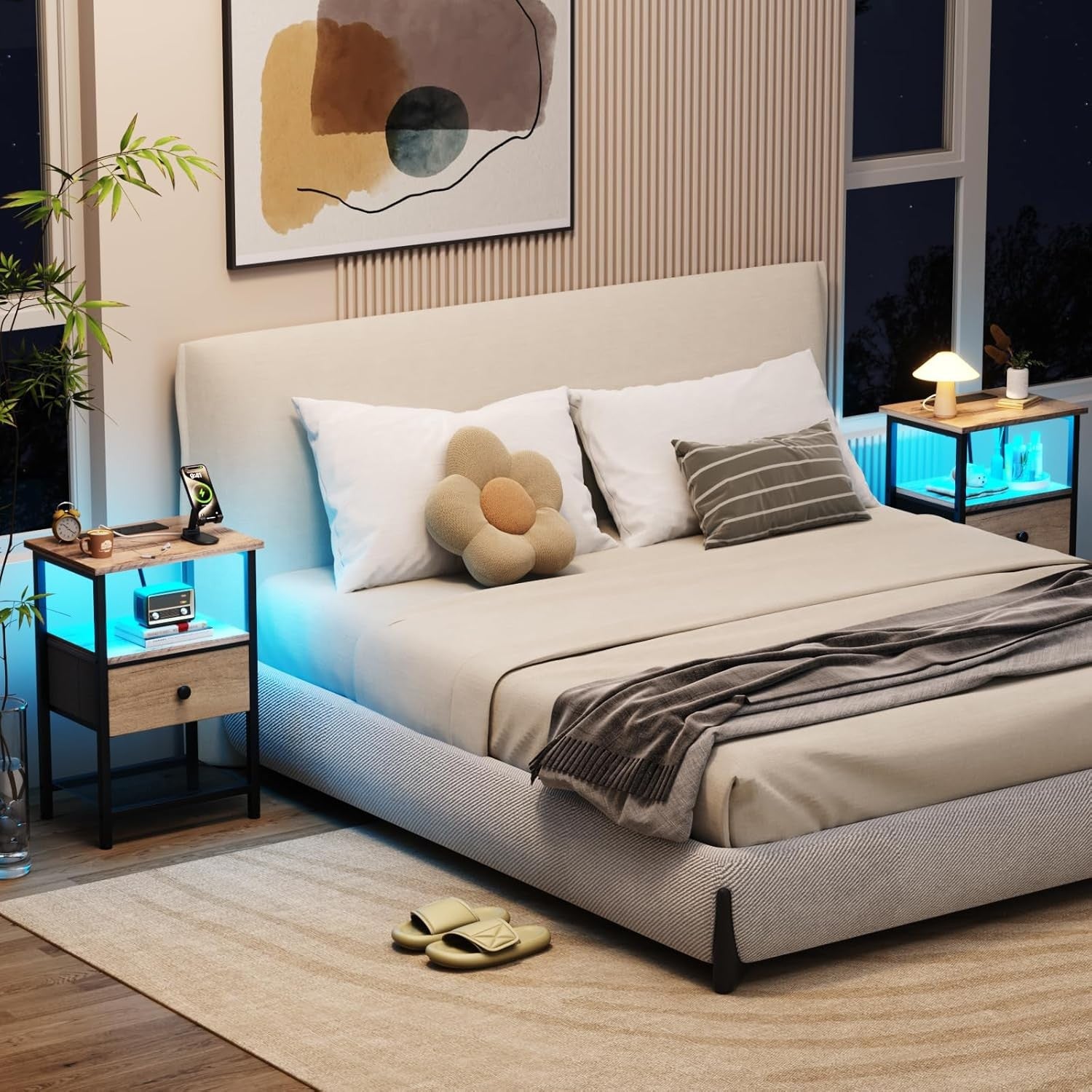 Grey Bedside Table with LED Light Charging Station Drawer & Open Shelf