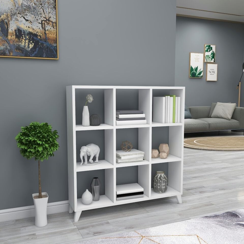 White 9-Cube Bookcase Storage Unit with Legs | Modern Display Shelf Organiser