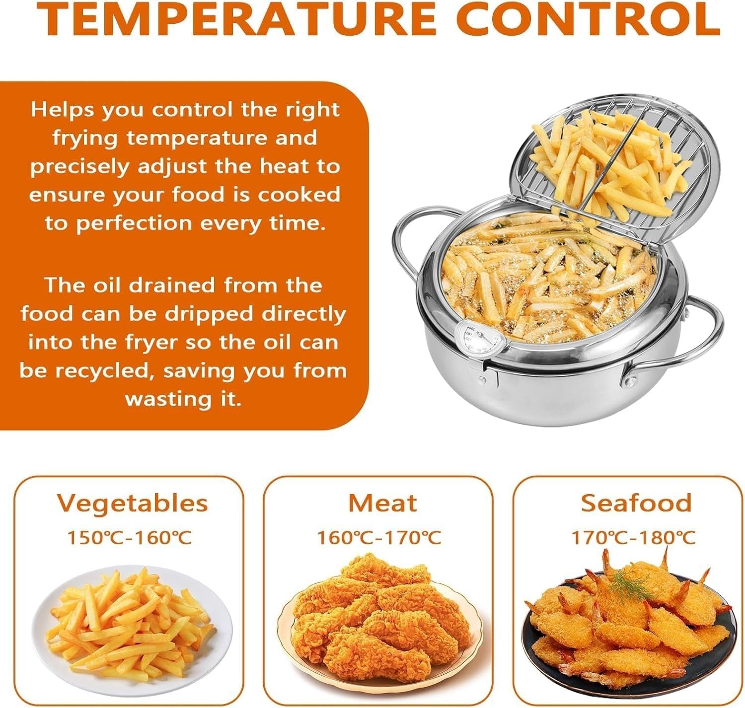 Japanese Tempura Deep Fryer Pot 28cm Stainless Steel With Thermometer