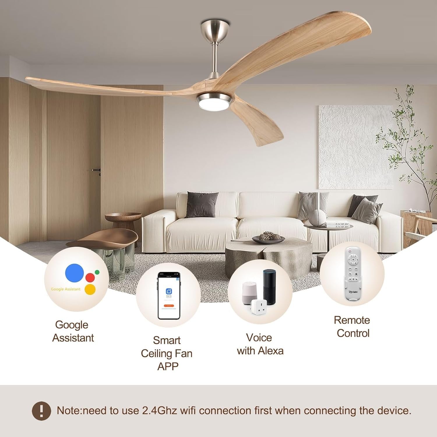 Ovlaim 183CM Smart WiFi Ceiling Fan with Light, 3 Wood Blades, Remote