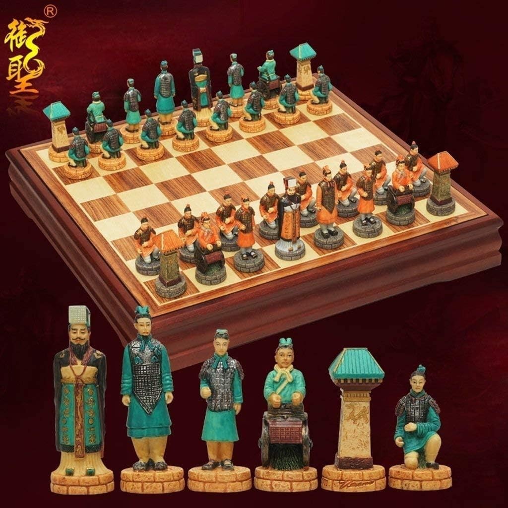 Chinese Xiangqi Marble Chess Set Antique Style Wooden Board