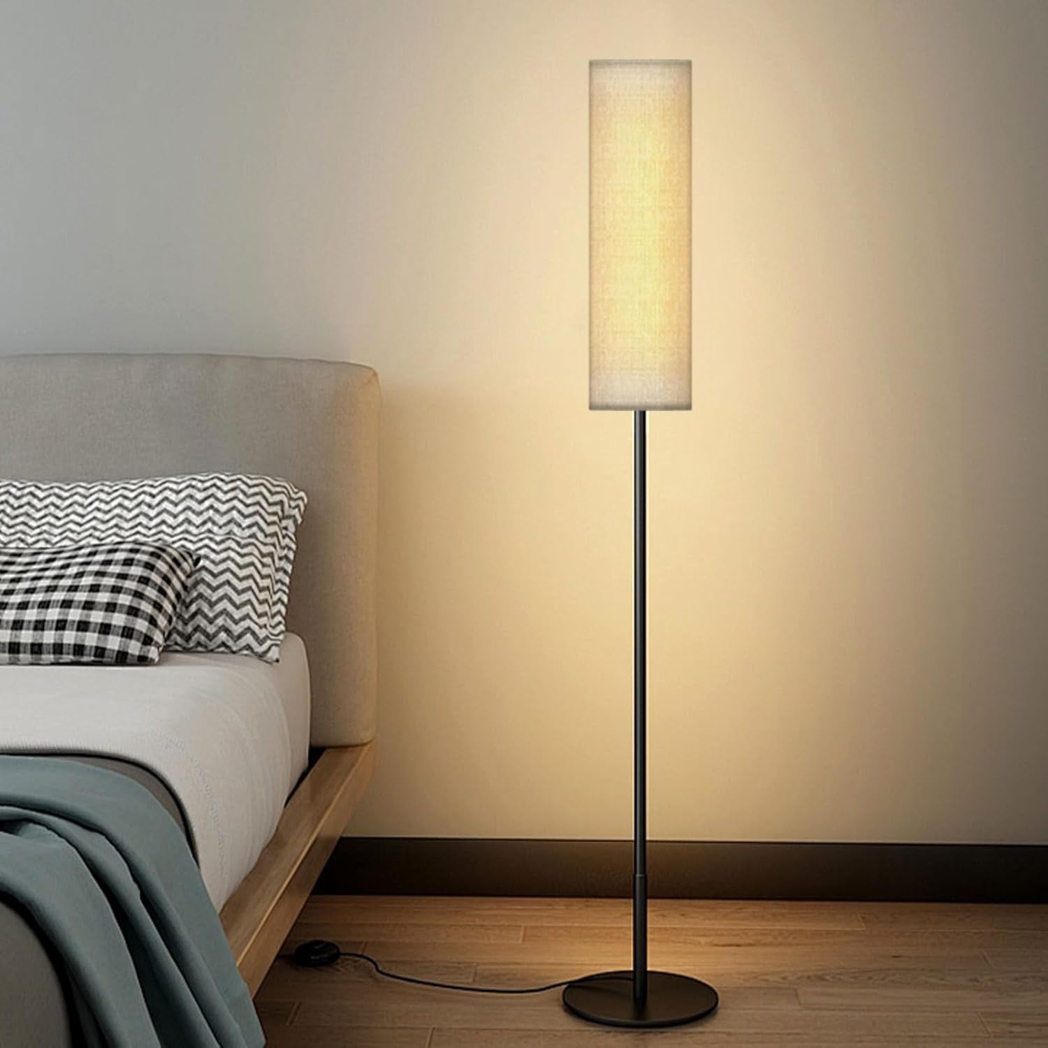 Floor Lamp Tall Dimmable Linen Shade Standing Light Foot Switch Modern