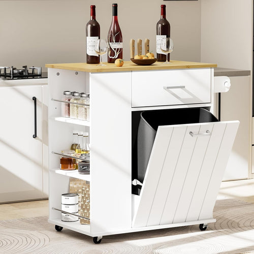 White Rolling Kitchen Island with Tilt-Out Trash Bin, Spice Rack & Towel Bar
