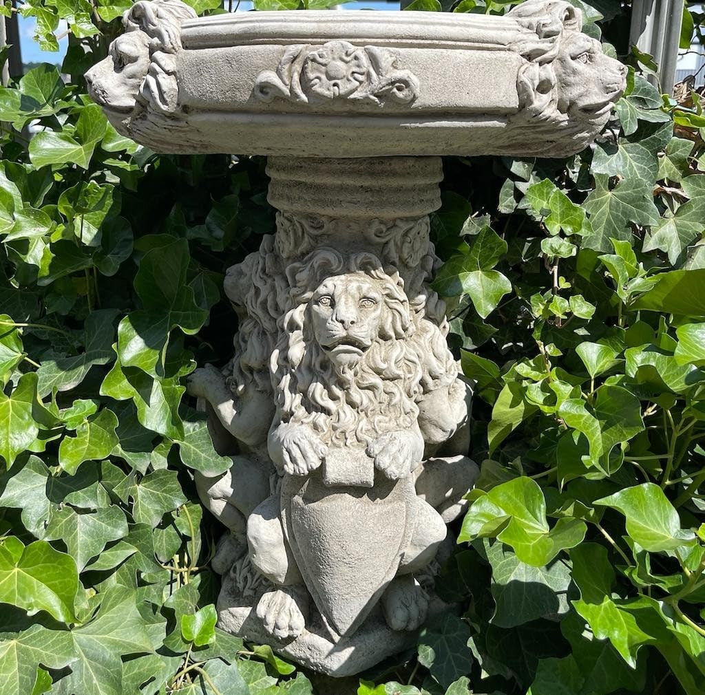 Regal Stone Bird Bath Statue Three Lions Cast Garden Ornament Outdoor