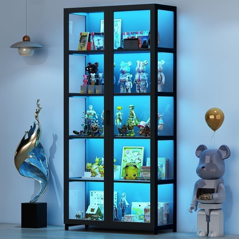 5 Tier Display Cabinet with LED Light, Acrylic Glass Door Curio Shelf Unit