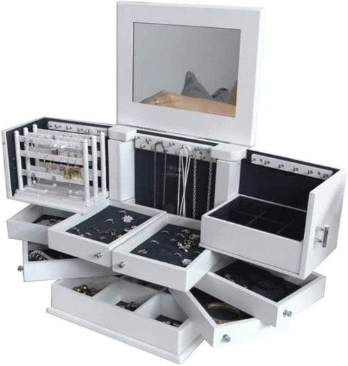 White Wooden Jewelry Box with Mirror Lid 5 Layer Large Organizer Case