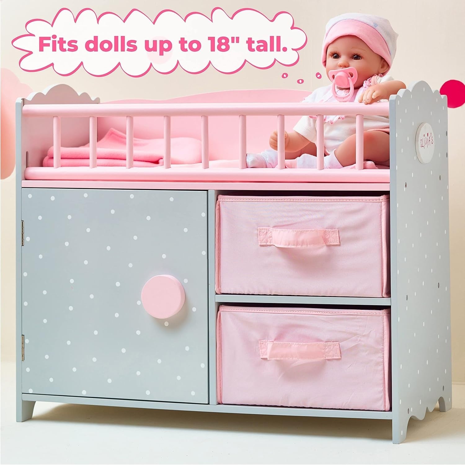 Wooden Baby Doll Cot w Storage Cushion Bedding Mobile Grey Pink 57x31x79cm