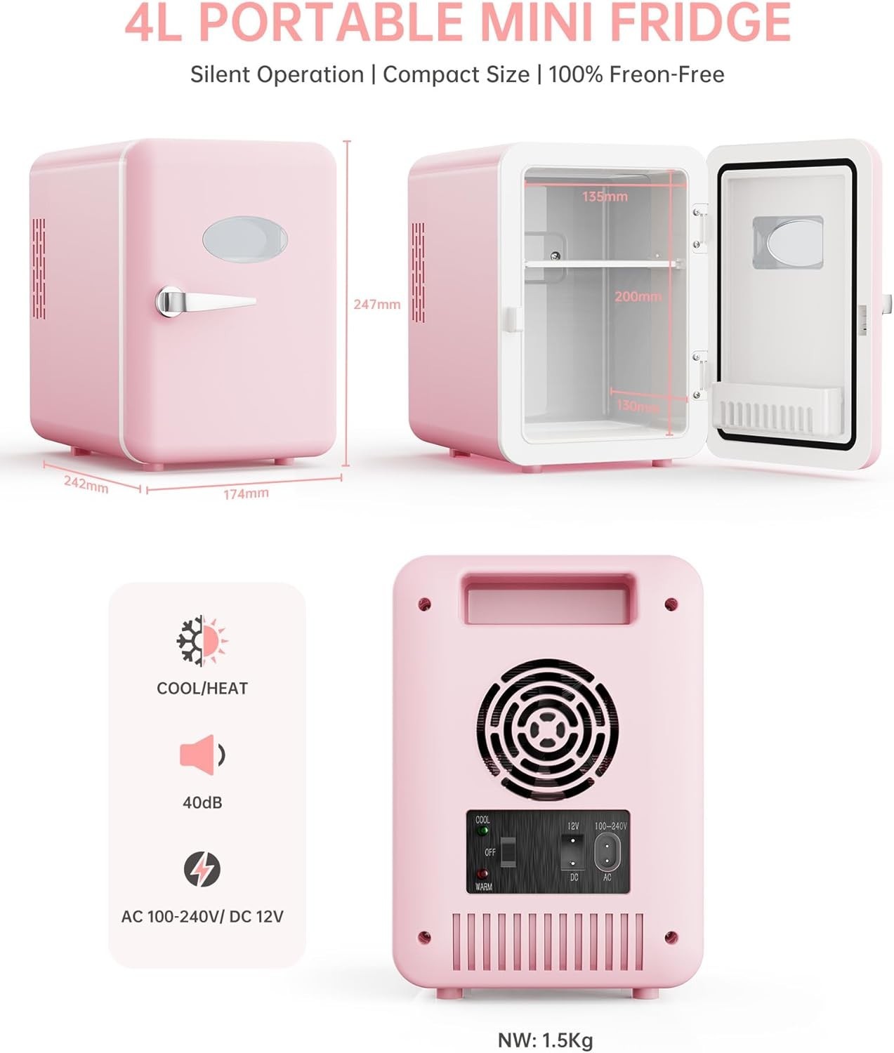 4L Mini Fridge Pink Portable AC/DC Cooler Warmer Bedroom Car Use