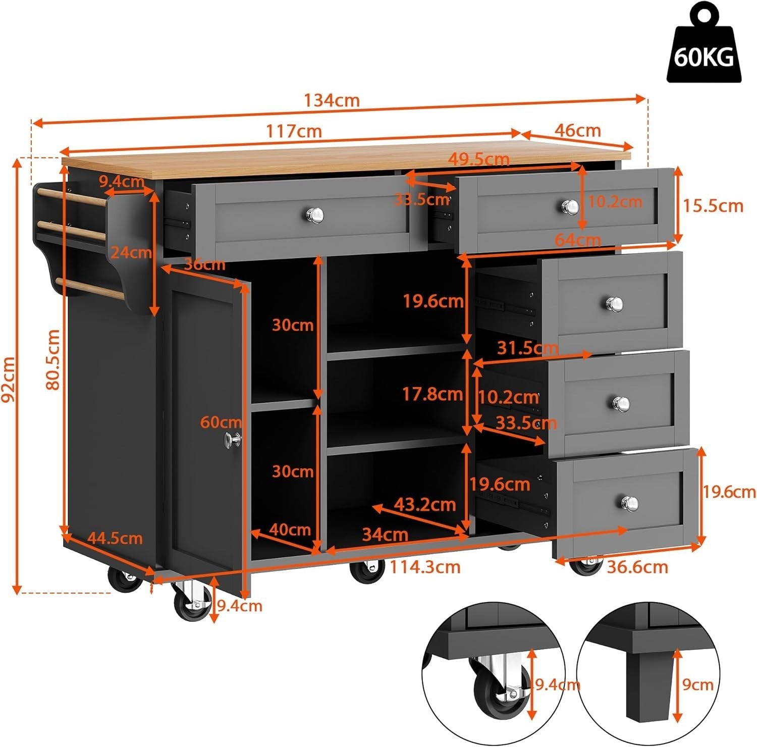 Rolling Kitchen Trolley with Drawers & Cabinets, Adjustable Shelves, 134cm Workt