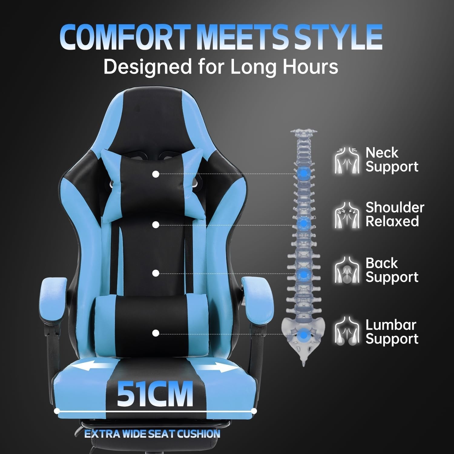 Blue Ergonomic Gaming Chair Recliner Swivel Lumbar Support