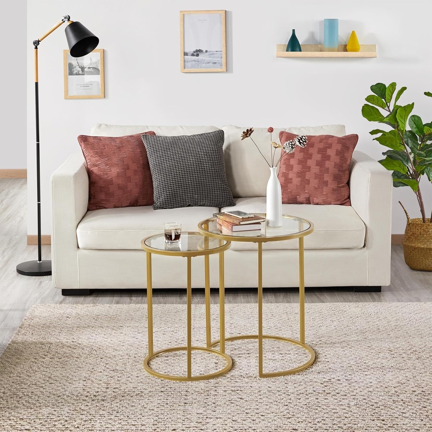 Gold Round End Table Set of 2 Modern Glass Nesting Coffee Side Tables Small Spac