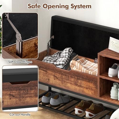 Rustic Brown Black Shoe Storage Bench with Cushion, Flip Chest & Cabinets