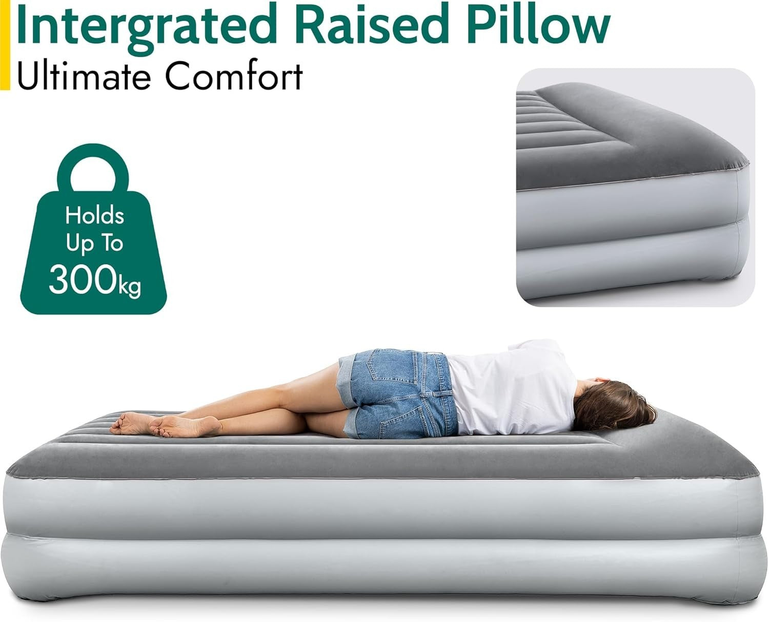 Double Air Bed with Built-In Pump & Pillow, Waterproof Flocked 2-Person Mattress