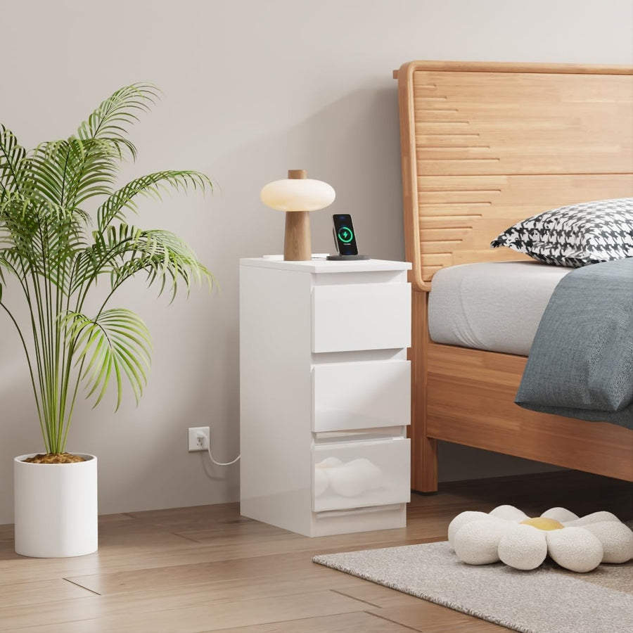 25cm Slim Bedside Table with Charging Station & 3 Drawers for Small Spaces