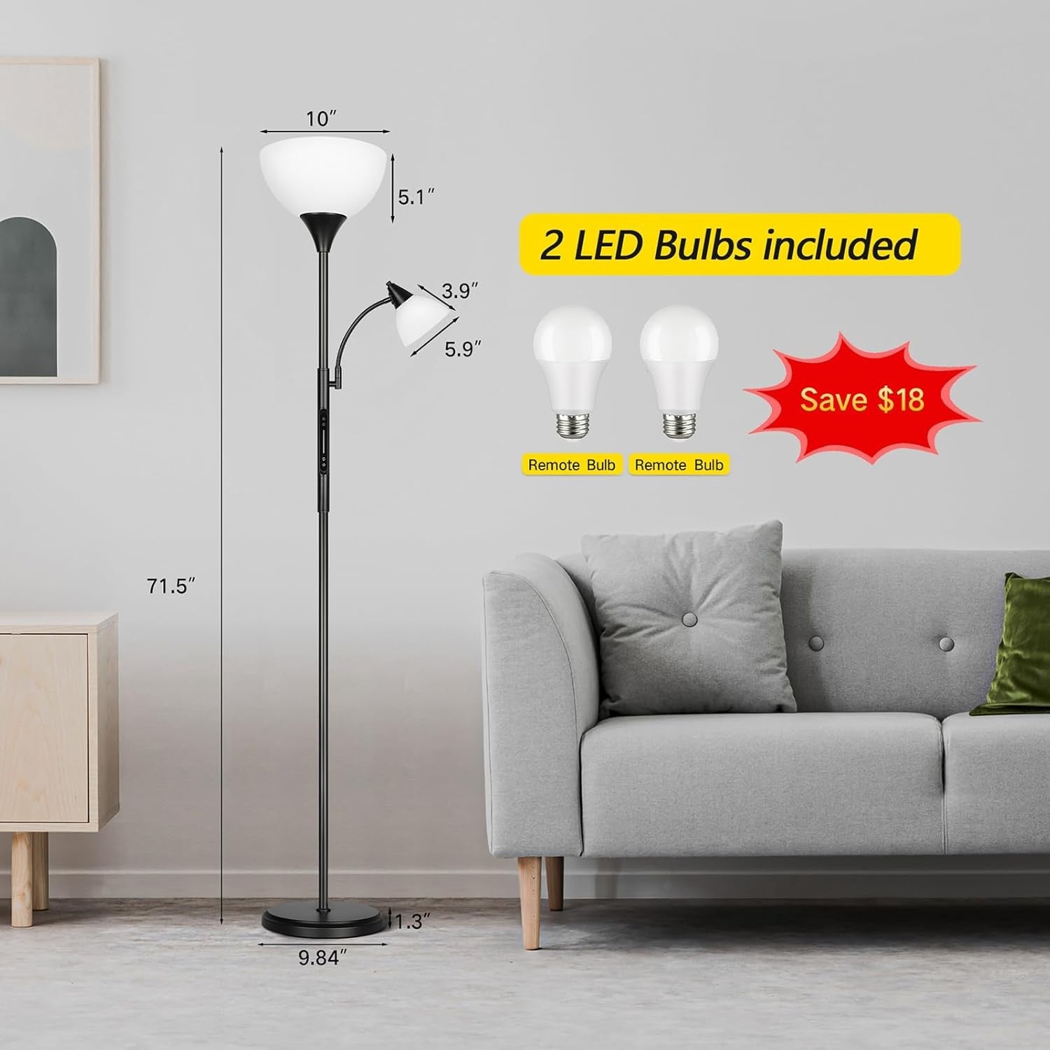 LED Dimmable Floor Lamp Touch Remote Uplighter Reading Light Tall Black