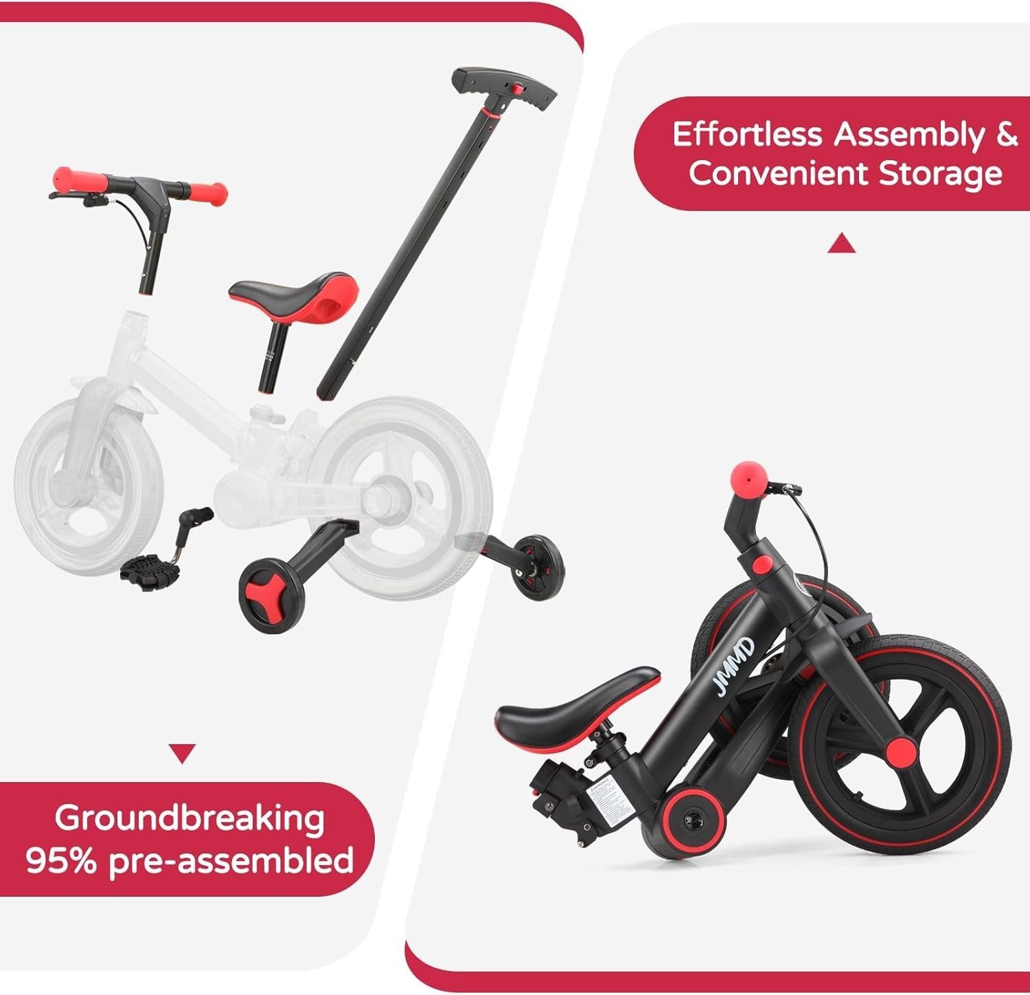 6 in 1 Toddler Bike Balance Pedal Bike Foldable Push Handle Black
