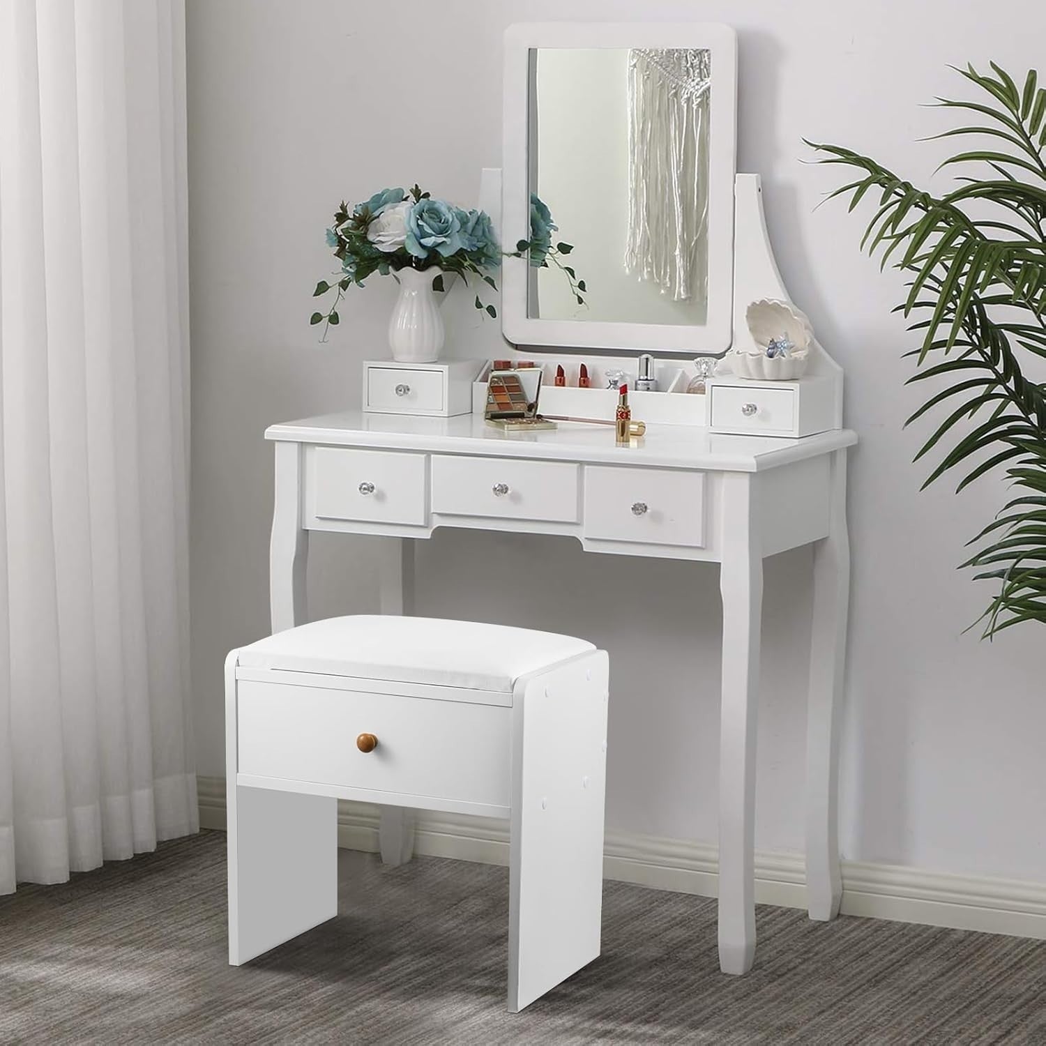 White Padded Vanity Stool with Drawer – Soft PU Makeup Chair for Bedroom