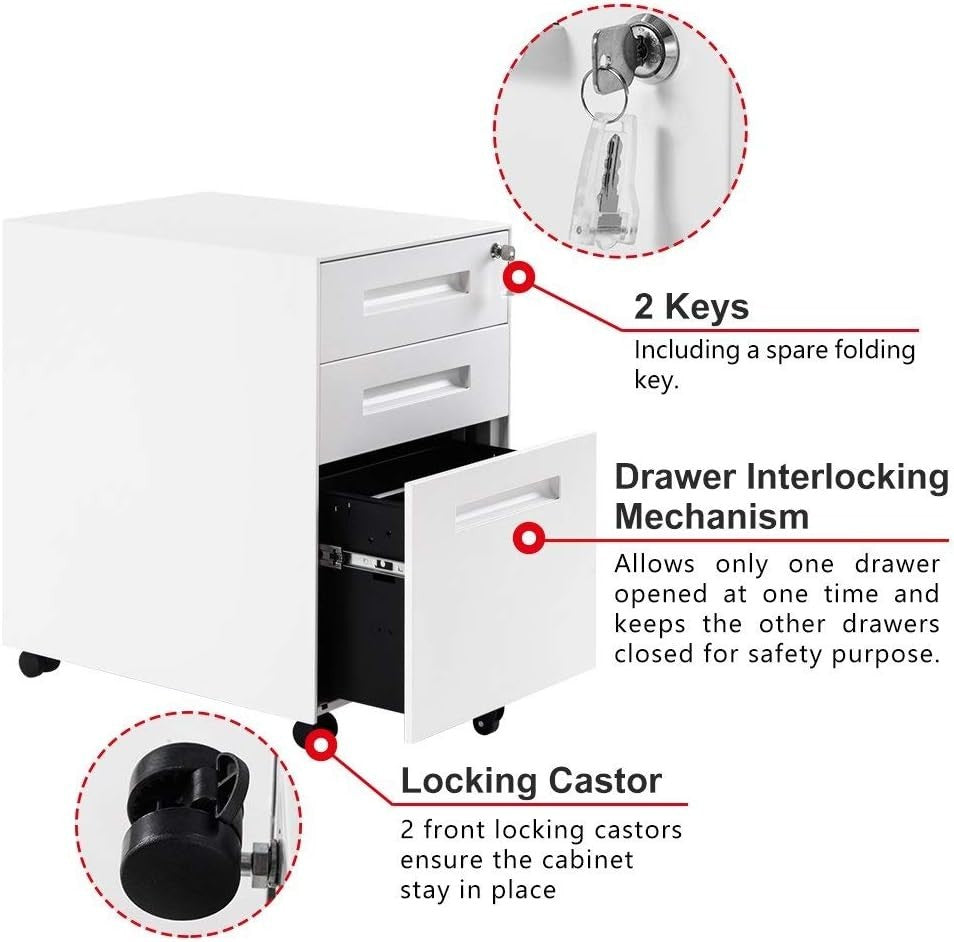 Mobile Metal File Cabinet 3 Drawer Lockable Under Desk A4 Legal