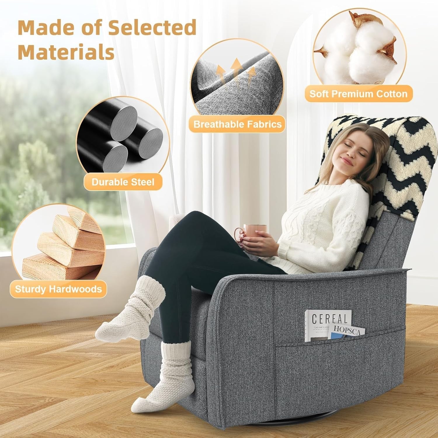 Swivel Rocking Recliner Chair Massage Heat Footrest 3-in-1 + Cover Grey