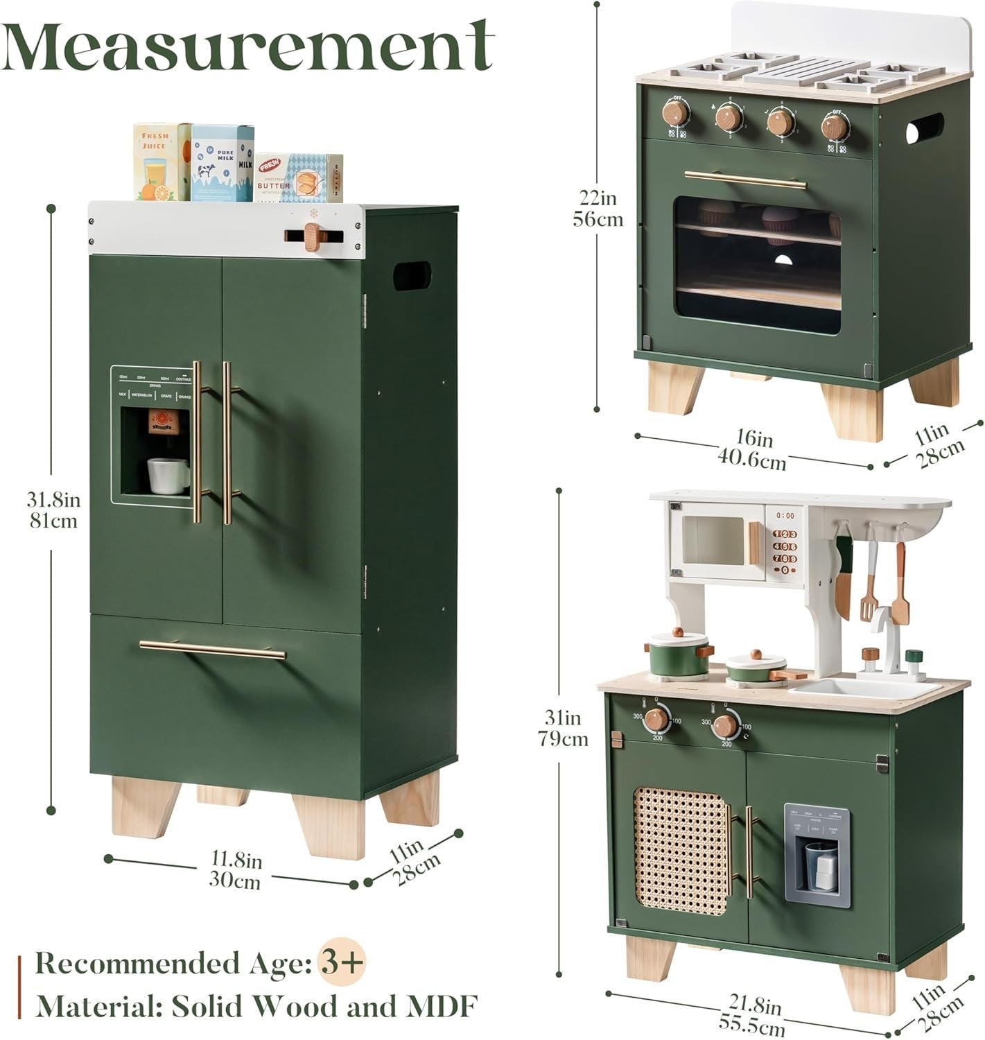 Wooden Kids Play Kitchen 3-in-1 Fridge Oven Sink Green Toy
