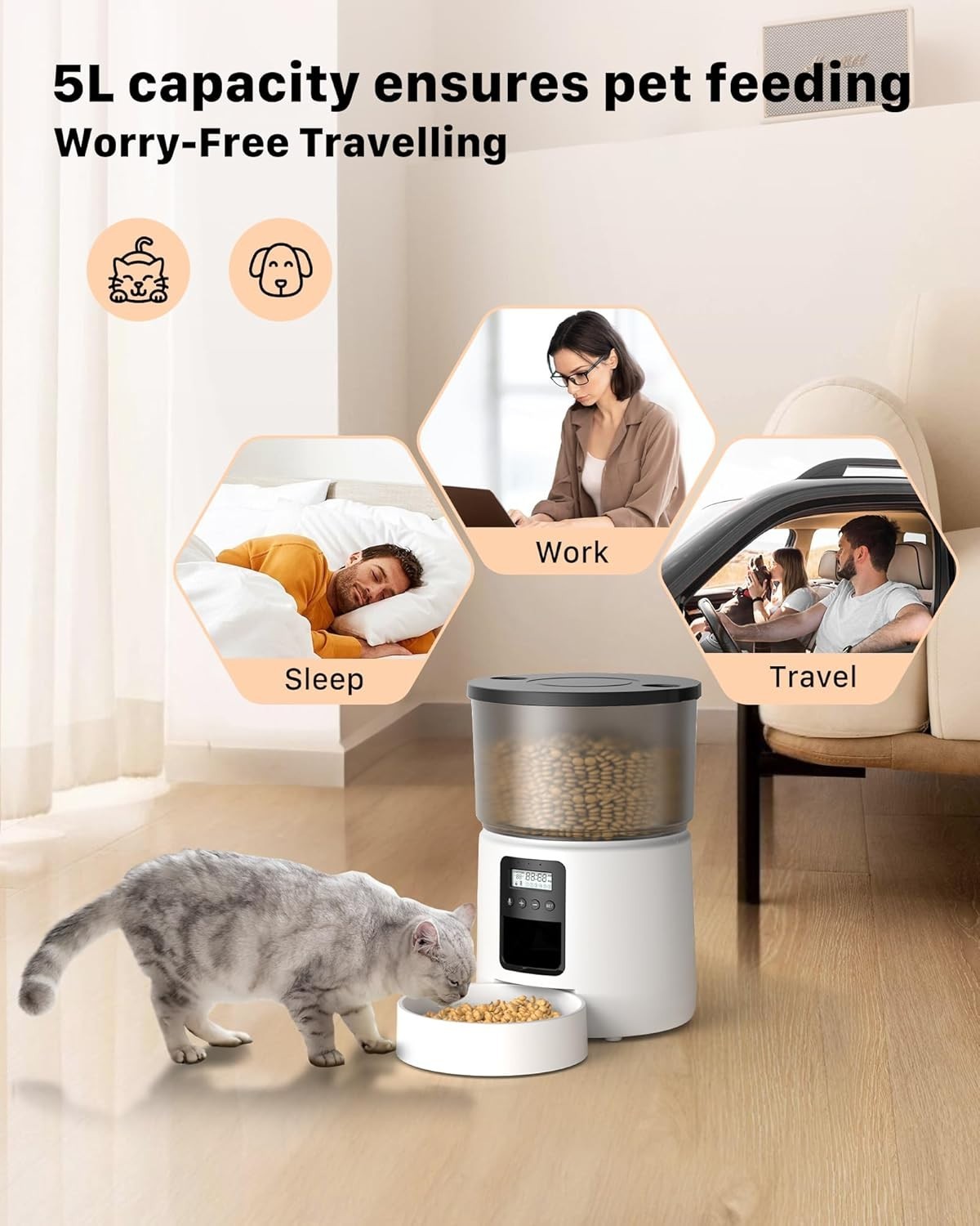 Automatic Cat Dog Feeder 5L Timer Food Dispenser Voice Reminder White