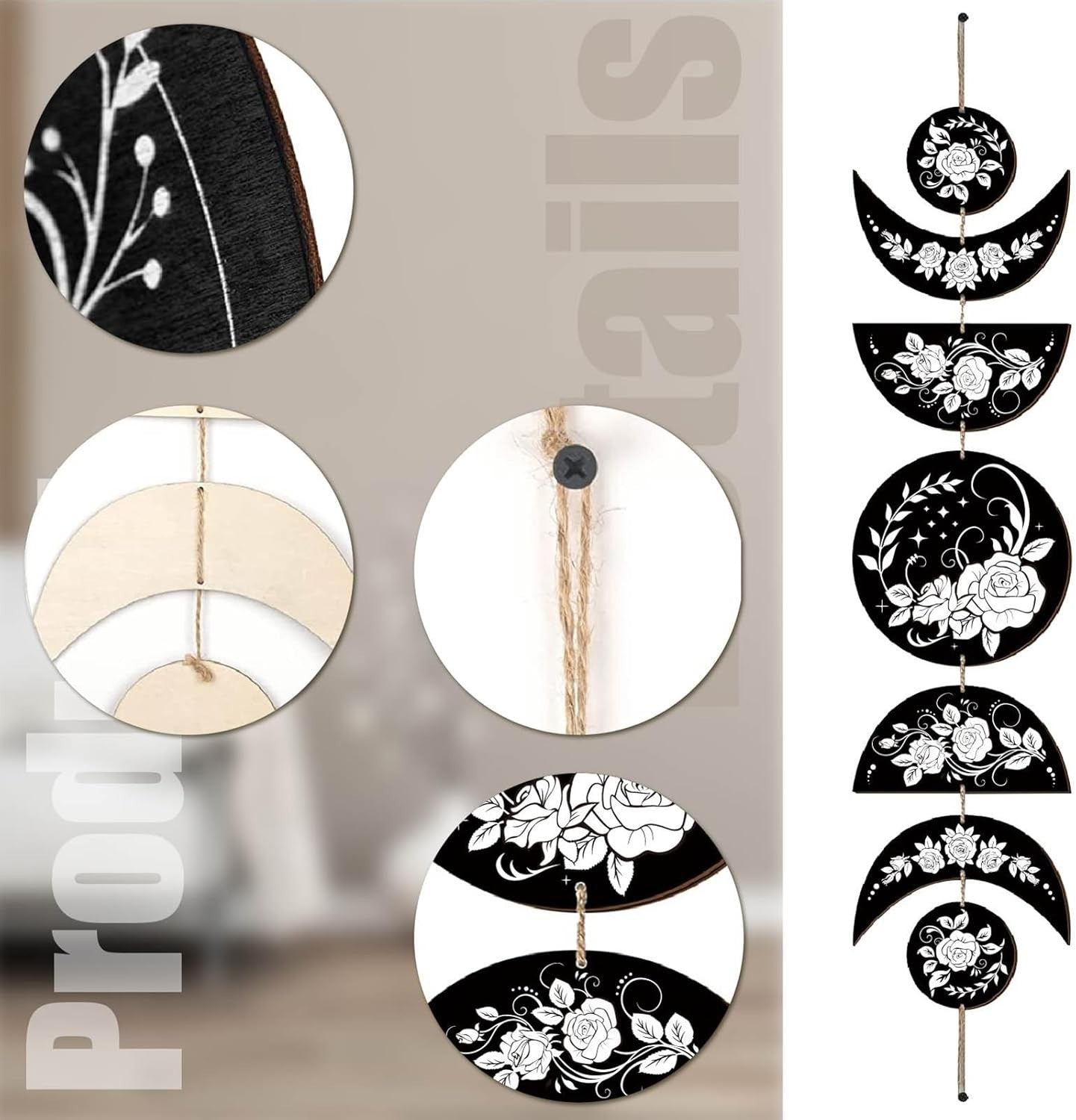 Rose Moon Phase Wall Hanging Boho Wooden Witchy Decor 7pcs