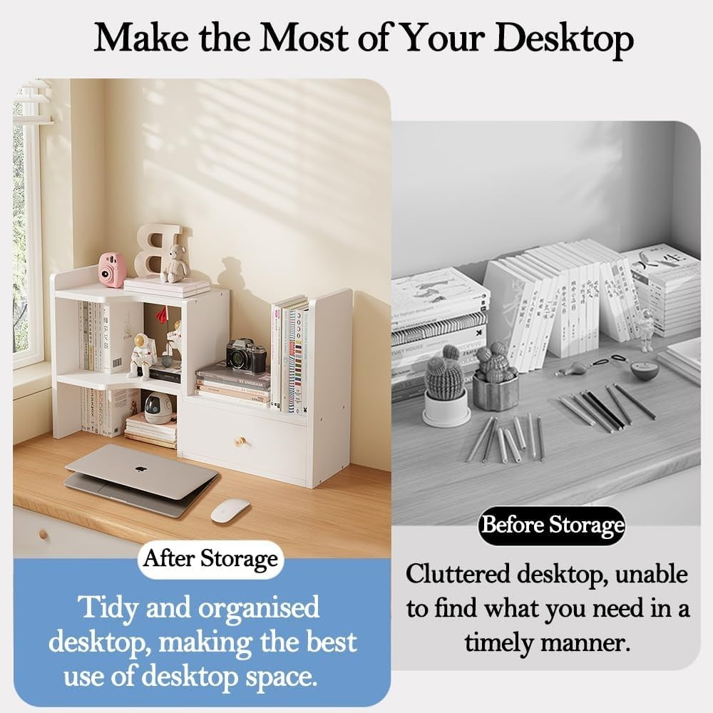 Expandable Desktop Bookshelf Adjustable Desk Organizer Storage Rack White