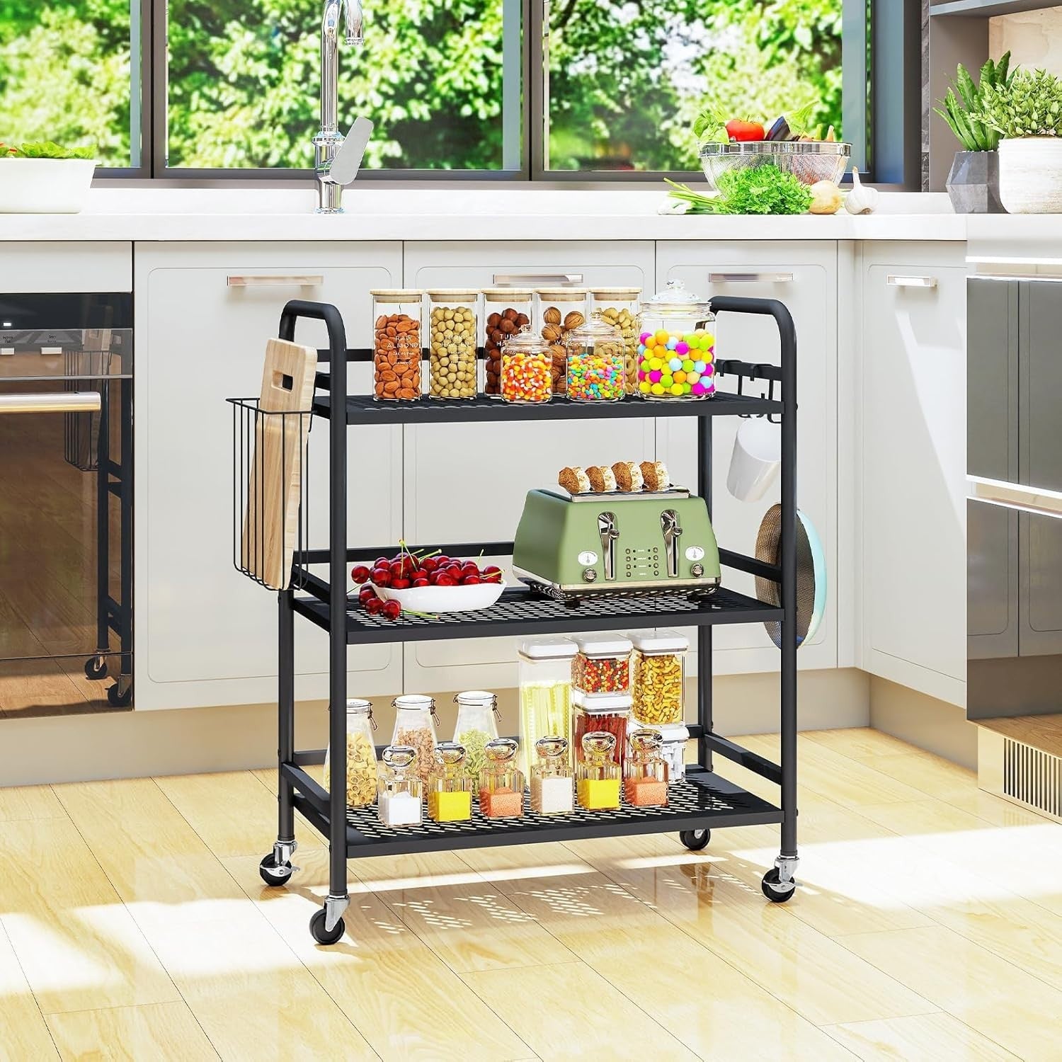 3 Tier Metal Mesh Rolling Utility Cart Heavy Duty Storage Trolley Black