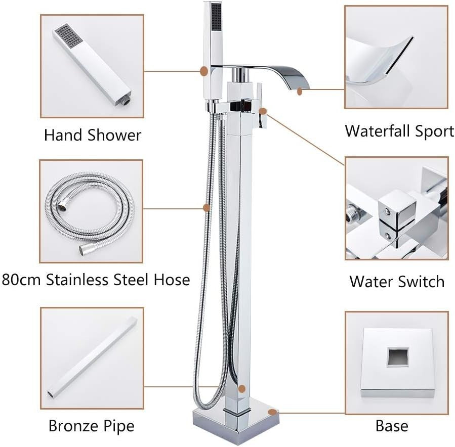 Chrome Freestanding Bath Mixer Tap with Handheld Shower Floor Mounted Brass