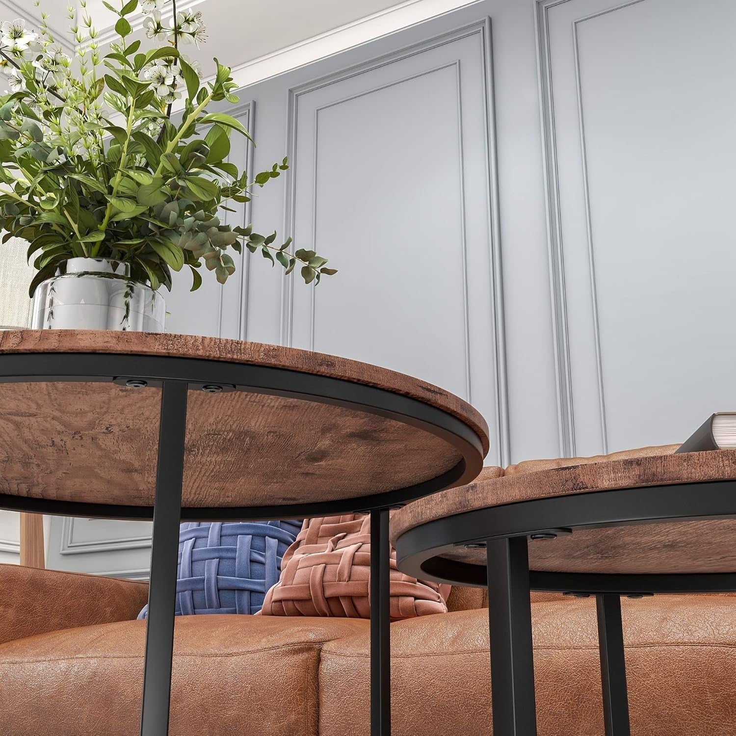 Space Saving Nesting Coffee Tables Set Round MDF Top Metal Frame Modern Black/Br