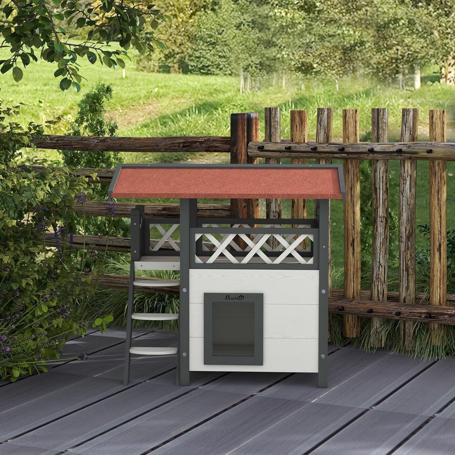 Outdoor Wooden Cat House with Balcony & Asphalt Roof, Weatherproof, White